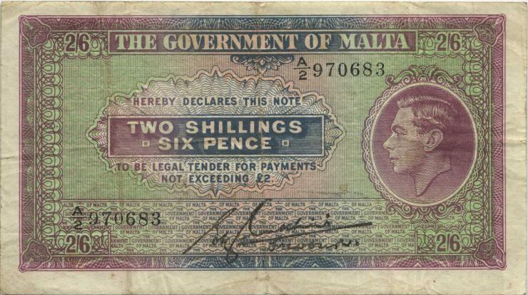 Malta P.18 2 Shillings / 6 Pence (1940) (3) 