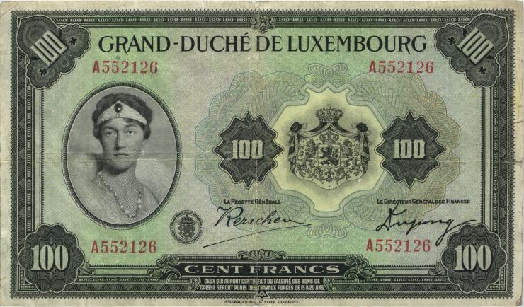 Luxemburg / Luxembourg P.39a 100 Francs (1934) (3) Serie A 