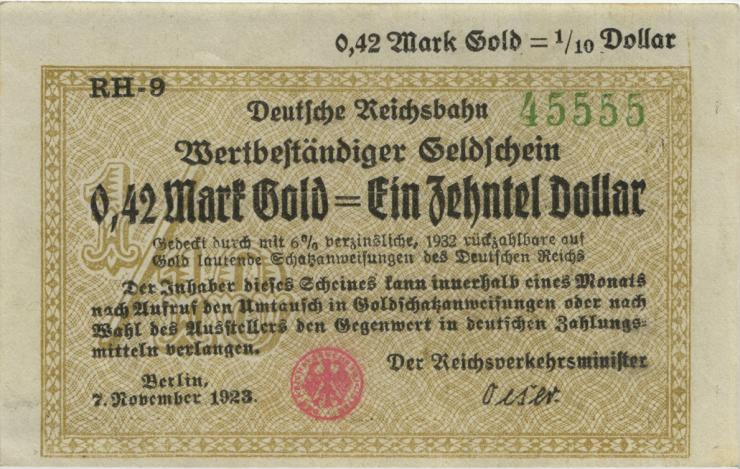 RVM-26a Reichsbahn Berlin 0,42 Mark Gold = 1/10 Dollar RH 1923 (1-) 