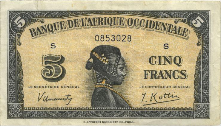 Franz. Westafrika / French West Africa P.28a 5 Francs 1942 (3) 