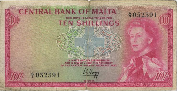 Malta P.28 10 Shillings 1967 (3-) 