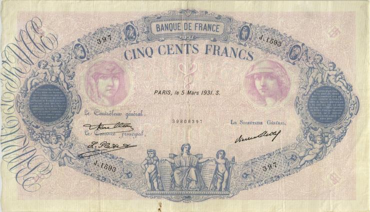Frankreich / France P.066l 500 Francs 5.3.1931 (3) 