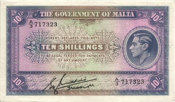 Malta P.19 10 Shillings (1940) (1-) 