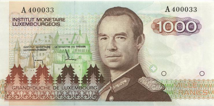 Luxemburg / Luxembourg P.59 1000 Francs (1985) (1) Serie A 