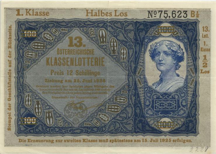 Österreich Donaustaat / Austria P.S154 100 Kronen (1923-37) (3+) 13 Klassenlotterie 1. Klasse 12 Schillinge 