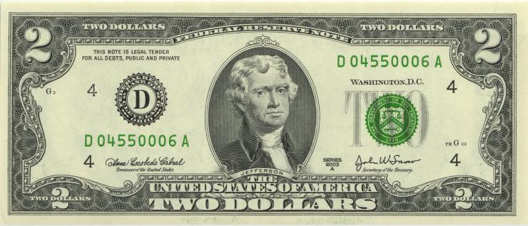 USA / United States P.516b 2 Dollars 2003A D (1) 