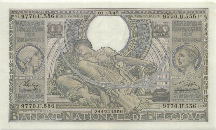 Belgien / Belgium P.107 100 Francs = 20 Belgas 1942 (2+) 