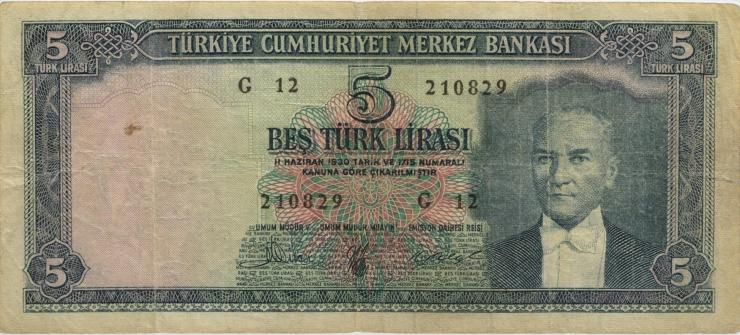 Türkei / Turkey P.173a 5 Lira 1930 (1961) (3) 