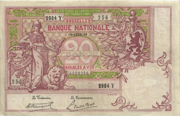 Belgien / Belgium P.067 20 Francs 19.6.1919 (3+) 