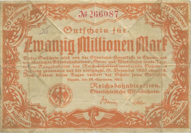 PS1346 Reichsbahn Oppeln 20 Millionen Mark 1923 (3-) 