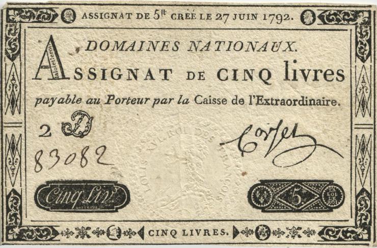 Frankreich / France P.A060 Assignat 5 Livres 27.6.1792 (3+) 