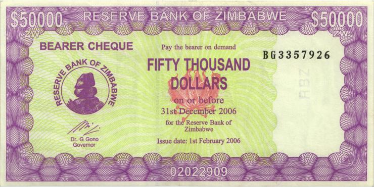 Zimbabwe P.30 50.000 Dollars 2006 Inhaberscheck (1) 