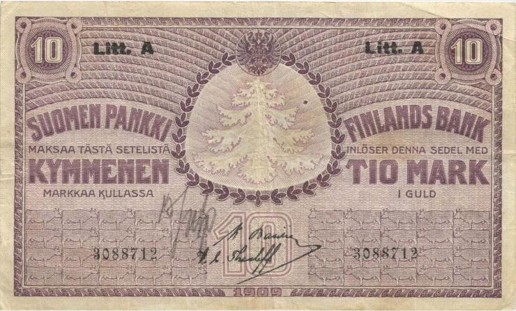 Finnland / Finland P.025 10 Markkaa 1909 (1918) Litt. A (3+) 