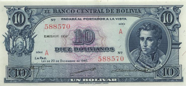 Bolivien / Bolivia P.139b 10 Bolivianos L.1945 1952 (2) 