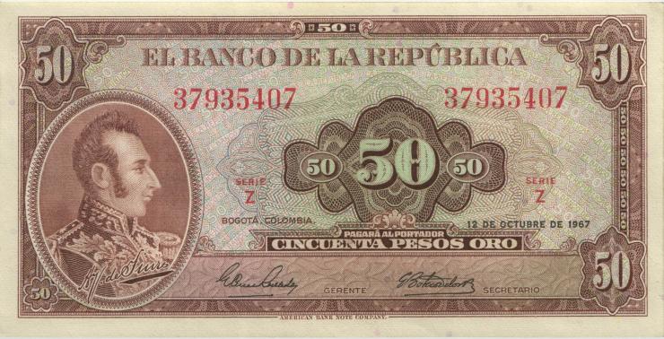 Kolumbien / Colombia P.402b 50 Pesos Oro 1967 (2+) 