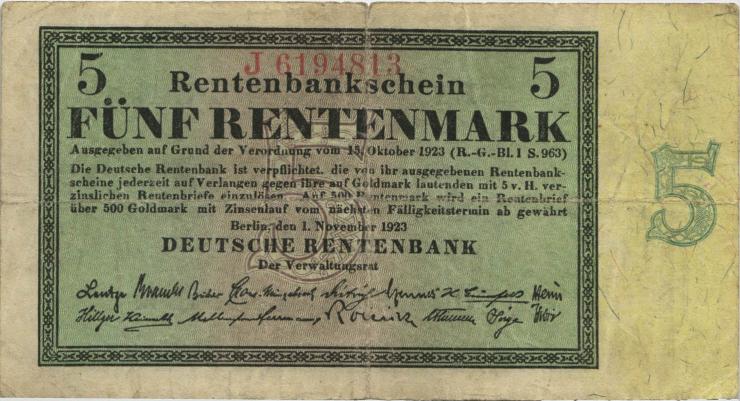 R.156b: 5 Rentenmark 1923 Reichsdruck (3-) 7-stellig J 