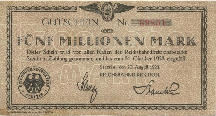 PS1361a Reichsbahn Stettin 5 Million Mark 1923 (3) 5-stellig 