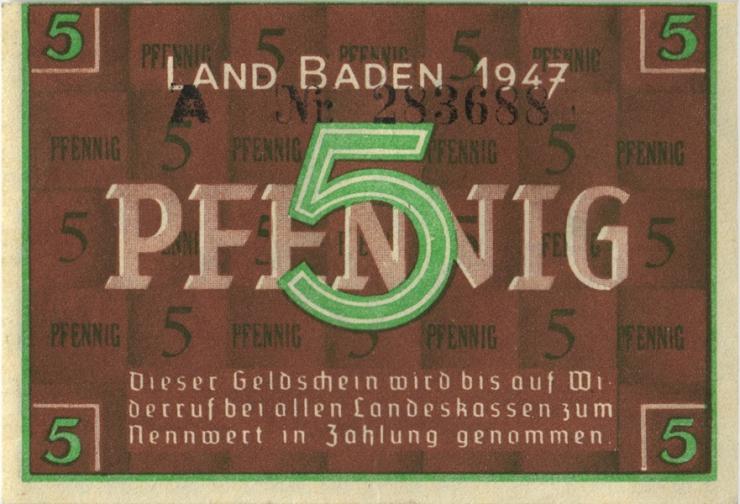 R.208a: Baden 5 Pfennig 1947  A Baden (1) 