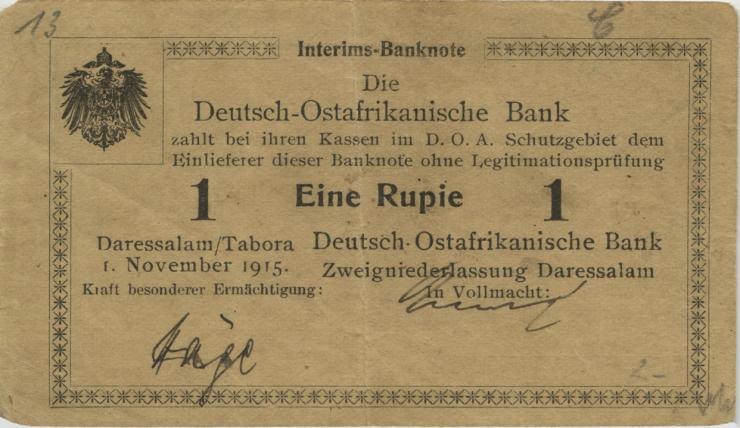 R.916d: Deutsch-Ostafrika 1 Rupie 1915 C Nr. 03385 (3+) 