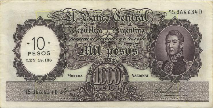 Argentinien / Argentina P.284 10 Peso auf 1000 Pesos (1969-71) (3) 