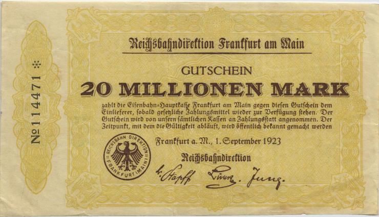 PS1220a Reichsbahn Frankfurt 20 Millionen Mark 1921 (3) 