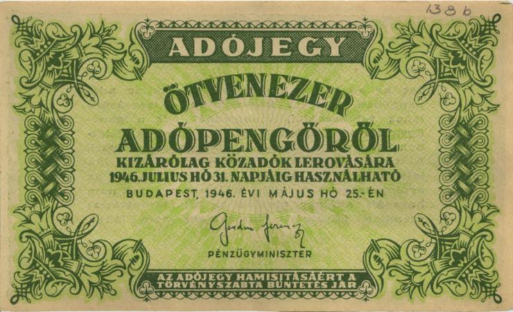 Ungarn / Hungary P.138b 50.000 Adopengö 1946 (2) 