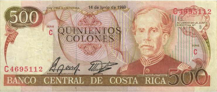 Costa Rica P.255b 500 Colones 1989 (3+) 
