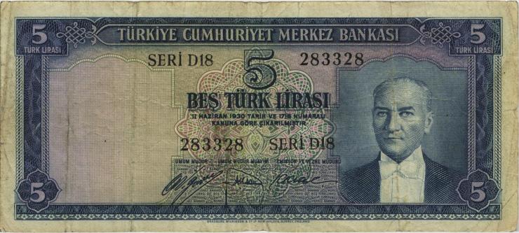 Türkei / Turkey P.154 5 Lira L. 1930 (1952) (1952) (3-) 