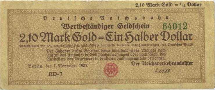 RVM-28b Reichsbahn Berlin 2,10 Mark Gold = 1/2 Dollar RD 7.11.1923 (3-) 