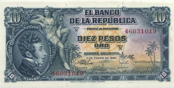 Kolumbien / Colombia P.400b 10 Pesos Oro 1960 (1) 