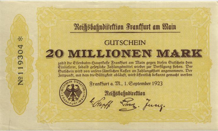 PS1220a Reichsbahn Frankfurt 20 Millionen Mark 1921 (1/1-) 