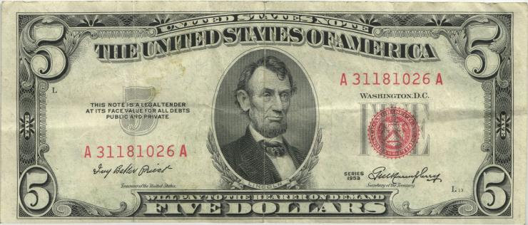 USA / United States P.381 5 Dollars 1953 (3) 