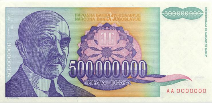 Jugoslawien / Yugoslavia P.134s 500 Millionen Dinara 1993 Specimen (1) 