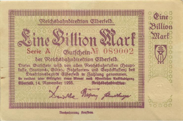 PS1195 Reichsbahn Elberfeld 1 Billion Mark 1923 (1-) 