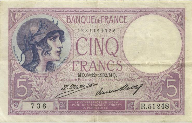 Frankreich / France P.072d 5 Francs 1932 (3+) 