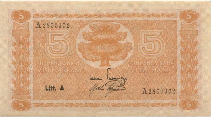 Finnland / Finland P.076a 5 Markka 1945 (1946) Litt. A (1-) 