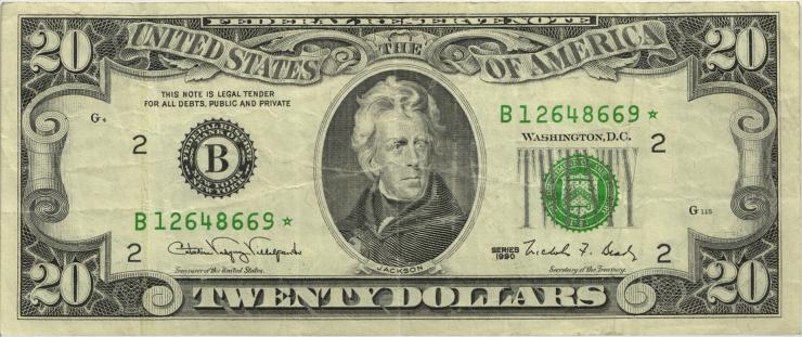 USA / United States P.487r 20 Dollars 1990 Ersatznote / replacement (3) 