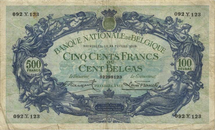 Belgien / Belgium P.103a 500 Francs = 100 Belgas 14.2.1929 (3-) 