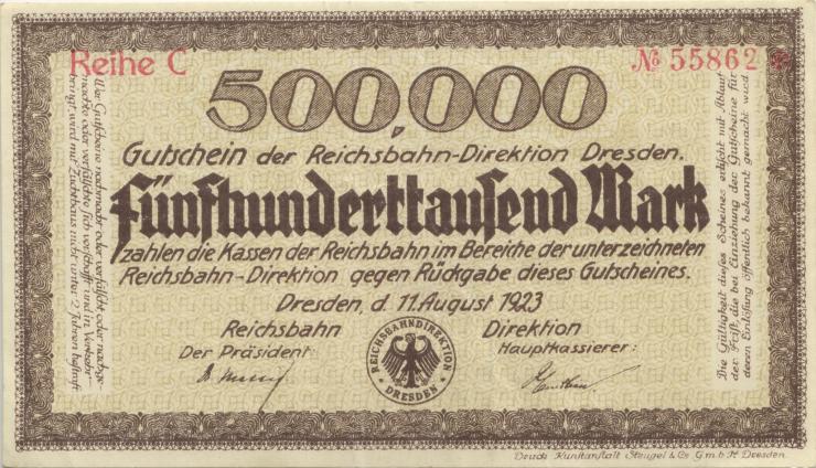 PS1171a Reichsbahn Dresden 500.000 Mark 1923 (3+) Reihe C 