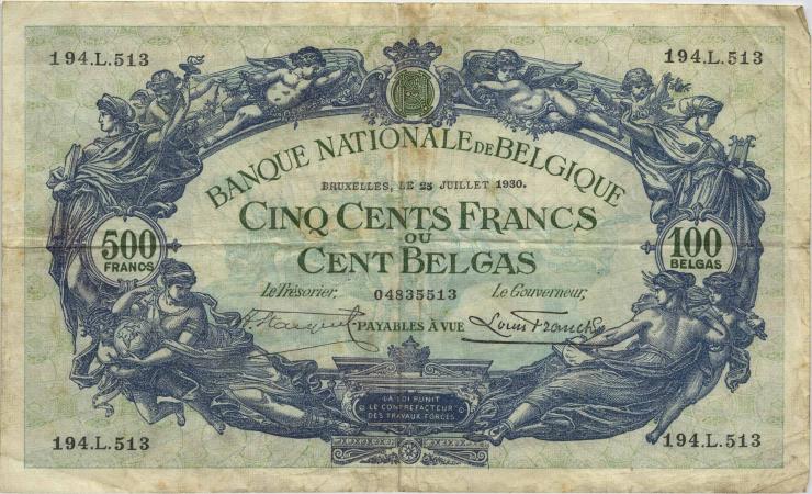 Belgien / Belgium P.103a 500 Francs = 100 Belgas 25.7.1930 (3-) 