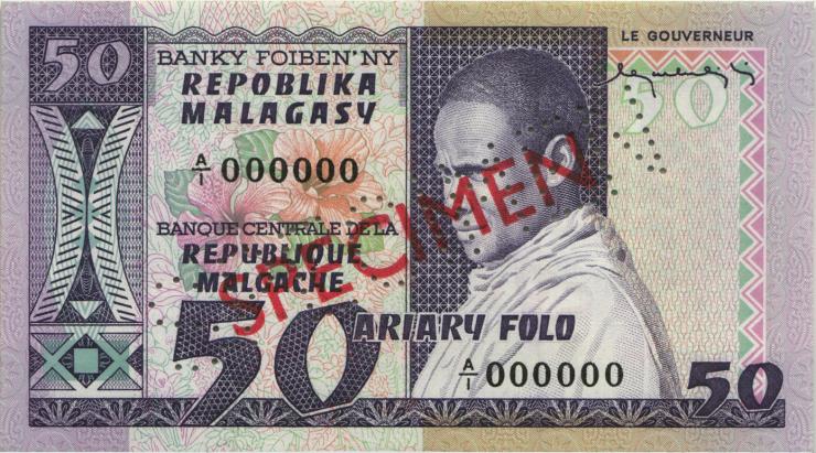 Madagaskar P.062s 50 Francs = 10 Ariary  (1974-75) Specimen (1) 