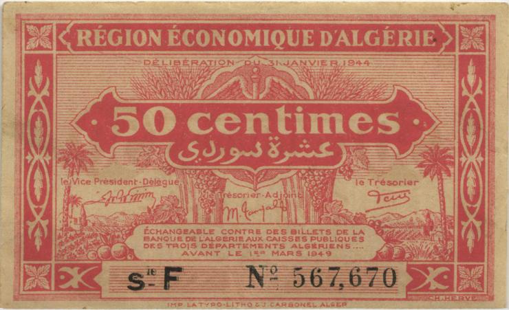 Algerien / Algeria P.097b 50 Centimes L. 1944 (1-) 
