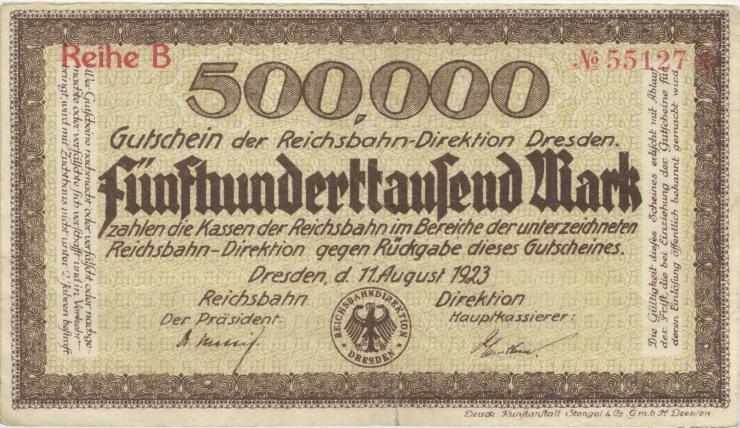 PS1171a Reichsbahn Dresden 500.000 Mark 1923 (3+) Reihe B 