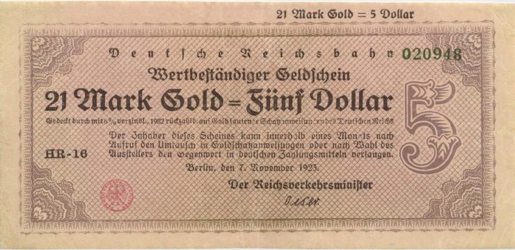 RVM-32 Reichsbahn Berlin 21 Mark Gold = 5 Dollar 7.11.1923 (2) 
