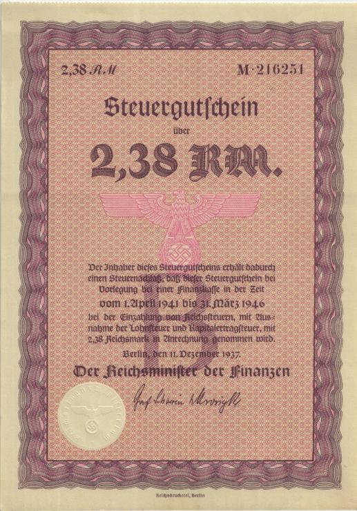 Steuergutschein 2,38 Reichsmark 1937 (1941) (1) Serie A 