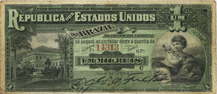 Brasilien / Brazil P.003a 1 Mil Reis (1891) (3-) 