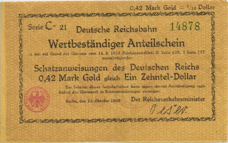 RVM-23a Reichsbahn Berlin 0,42 Mark Gold = 1/10 Dollar 23.10.1923 (2) 
