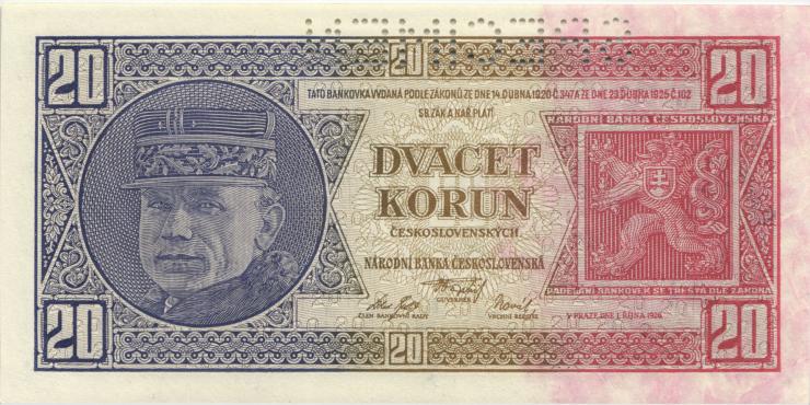 Tschechoslowakei / Czechoslovakia P.021s 20 Kronen 1926 Specimen (1) 
