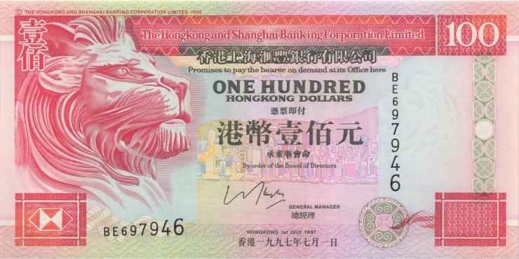 Hongkong P.203b 100 Dollars 1997 (1) 