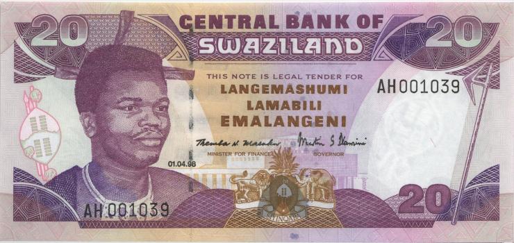 Swasiland / Swaziland P.25c 20 Emalangeni 1998 AH001039 (1) 